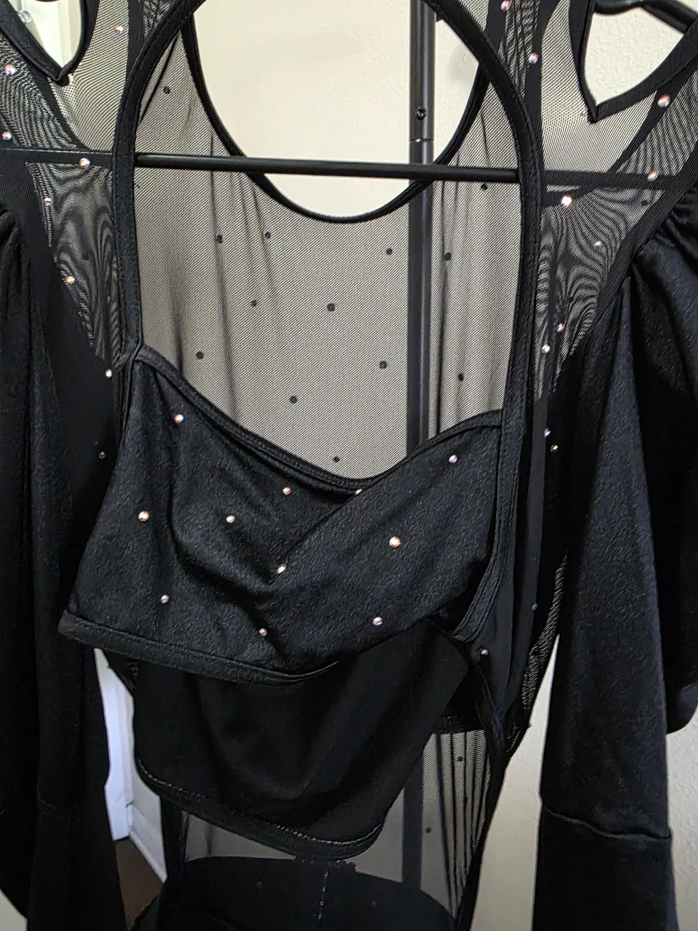 Black Sheer Mesh Fringe with Rhinestones Dance Costume
